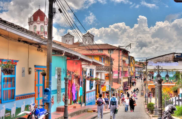 Guatape, Antioquia, Colombia - May 2019 : Colorful village in cloudy weather