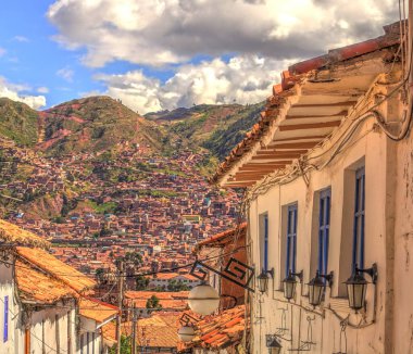 CUSCO, PERU - APRIL 2018: Rooftops of the historical center in cloudy weather