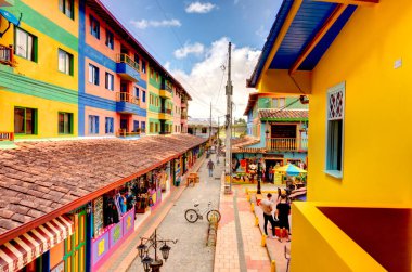 Guatape, Antioquia, Colombia - May 2019 : Colorful village in cloudy weather