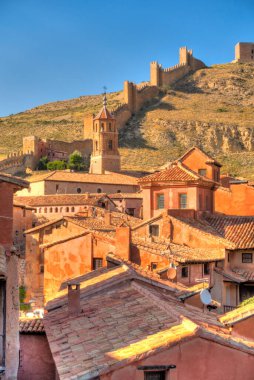 ALBARRACIN, SPAIN - JUNE 2019: Historical center in sunny weather, HDR image