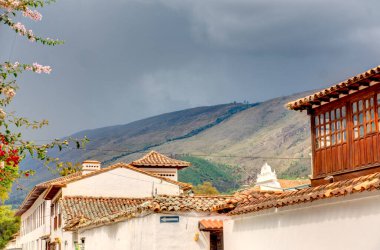 Villa de Leyva, Colombia - May 2019 : Picturesque colonial village in cloudy weather