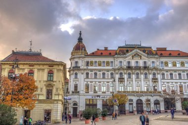 Pecs, Hungary - March 2017: Historical  center in cloudy weather, HDR                  