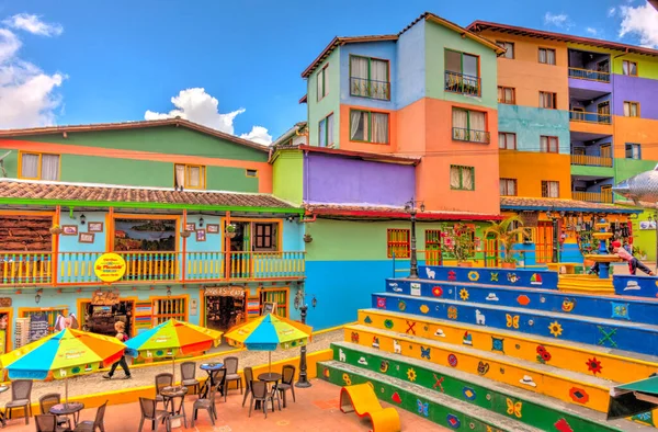 Guatape, Antioquia, Colombia - May 2019 : Colorful village in cloudy weather