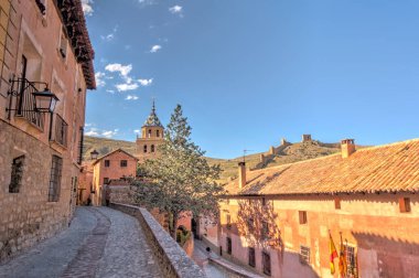 ALBARRACIN, SPAIN - JUNE 2019: Historical center in sunny weather, HDR image