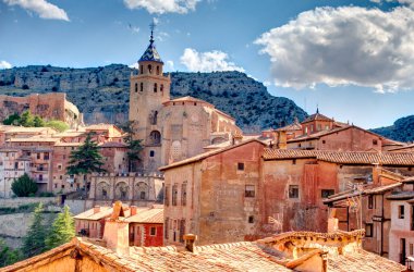 ALBARRACIN, SPAIN - JUNE 2019: Historical center in sunny weather, HDR image