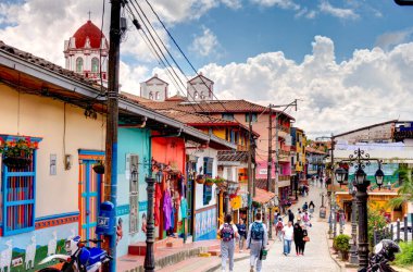 Guatape, Antioquia, Colombia - May 2019 : Colorful village in cloudy weather