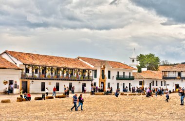 Villa de Leyva, Colombia - April 2019 : Colonial center in cloudy weather
