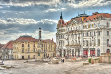 Pecs, Hungary - March 2017: Historical center in cloudy weather, HDR                  