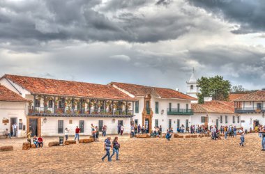 Villa de Leyva, Colombia - April 2019 : Colonial center in cloudy weather