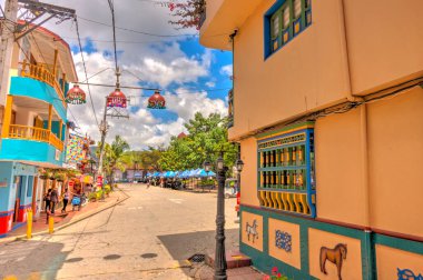 Guatape, Antioquia, Colombia - May 2019 : Colorful village in cloudy weather
