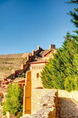 ALBARRACIN, SPAIN - JUNE 2019: Historical center in sunny weather, HDR image