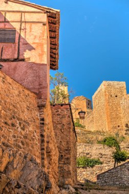 ALBARRACIN, SPAIN - JUNE 2019: Historical center in sunny weather, HDR image