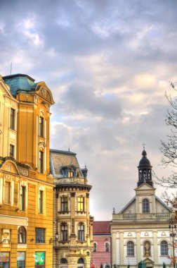 Pecs, Hungary - March 2017: Historical center in cloudy weather, HDR                  