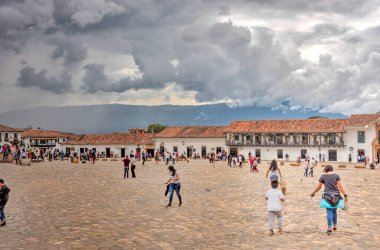 Villa de Leyva, Colombia - April 2019 : Colonial center in cloudy weather
