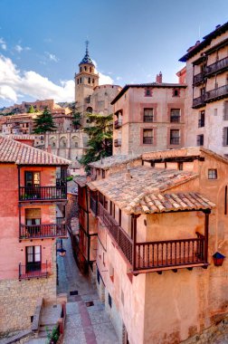 ALBARRACIN, SPAIN - JUNE 2019: Historical center in sunny weather, HDR image