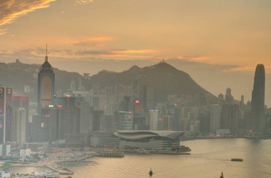 HONG KONG - FEBRUARY 2019 : Panorama on the harbour at sunset