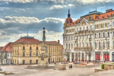 Pecs, Hungary - March 2017: Historical center in cloudy weather, HDR                  
