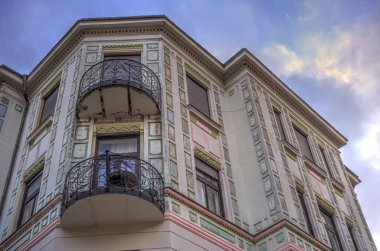 Pecs, Hungary - March 2017: Historical center in cloudy weather, HDR                  