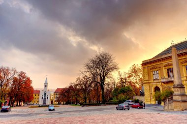 Pecs, Hungary - March 2017: Historical center in cloudy weather, HDR                  