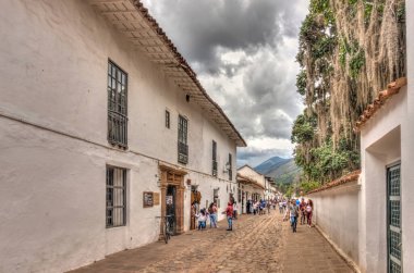 Villa de Leyva, Colombia - April 2019 : Historical center in cloudy weather