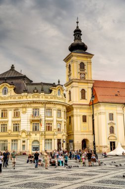 SIBIU, ROMANIA - AUGUST 2022: Historical center in cloudy weather, HDR Image