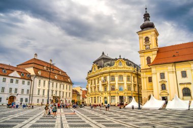 SIBIU, ROMANIA - AUGUST 2022: Historical center in cloudy weather, HDR Image