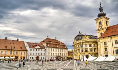 SIBIU, ROMANIA - AUGUST 2022: Historical center in cloudy weather, HDR Image
