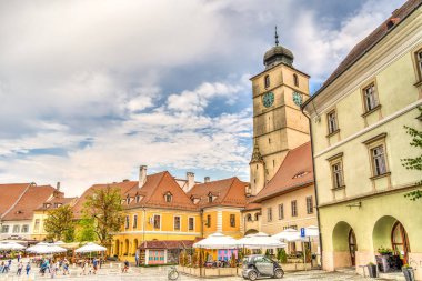 SIBIU, ROMANIA - AUGUST 2022: Historical center in cloudy weather, HDR Image