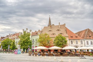 SIBIU, ROMANIA - AUGUST 2022: Historical center in cloudy weather, HDR Image