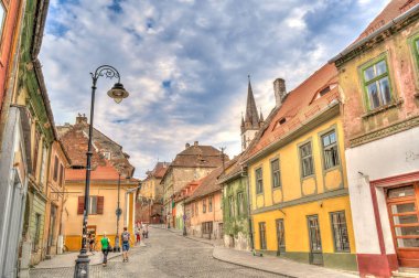 SIBIU, ROMANIA - AUGUST 2022: Historical center in cloudy weather, HDR Image