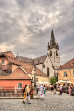 SIBIU, ROMANIA - AUGUST 2022: Historical center in cloudy weather, HDR Image