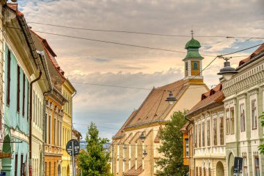 SIBIU, ROMANIA - AUGUST 2022: Historical center in cloudy weather, HDR Image