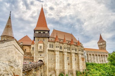 HUNEDOARA, ROMANIA - AUGUST 2022: Corvin Castle in cloudy weather, HDR Image