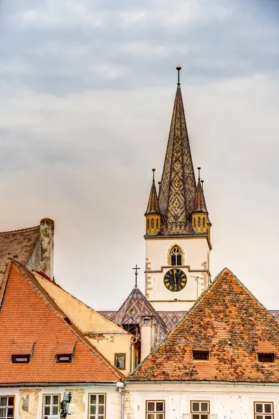 SIBIU, ROMANIA - AUGUST 2022: Historical center in cloudy weather, HDR Image