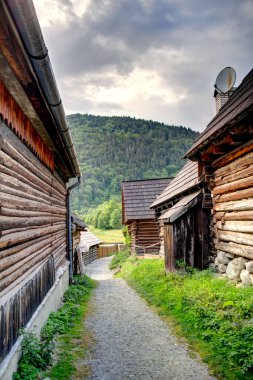 Slovakya, Doğu Avrupa'da güzel Vlkolinec geleneksel köyde Ahşap beyaz kulübeler