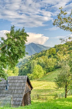 Doğu Avrupa, Slovakya 'daki güzel Vlkolinec geleneksel köyünde ahşap beyaz kulübe