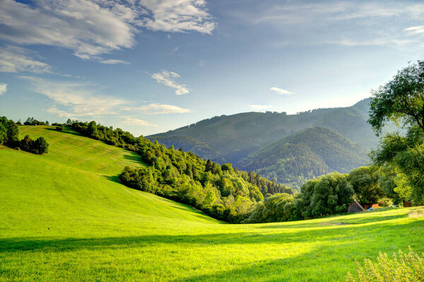 Morning Nature landscape in mountains. Vlkolinec, Slovakia.