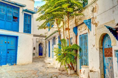 Sidi Bou Said, Tunus - Eylül 2022: Güneşli havada tarihi merkez, HDR Görüntü