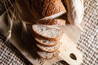 Rustic sliced bread photographed from above in the studio