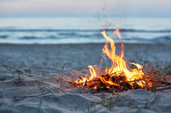 Camping fire on the beach sand