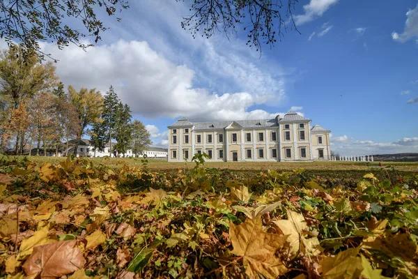Ukrayna 'nın Ternopil bölgesindeki Vyshnivets kasabasındaki Vyshnivets Sarayı' nın sonbahar manzarası. Seçici odak.