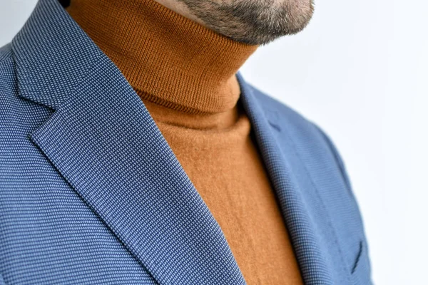 Fragment Light Blue Blazer Combined Fashionable Beige Sweater Selective Focus — Stock Photo, Image