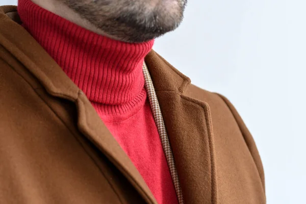 Detail Men Outwear Fashionable Mens Brown Coat Combined Red Sweater — Stock Photo, Image