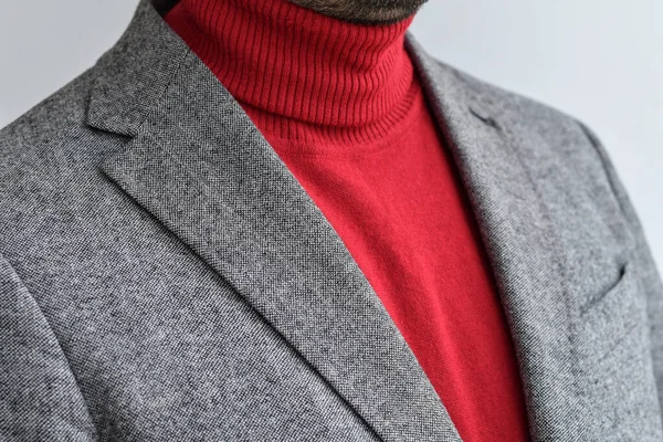 Close Mens Grey Wool Blazer Combined Red Fashionable Sweater Selective — Stock Photo, Image
