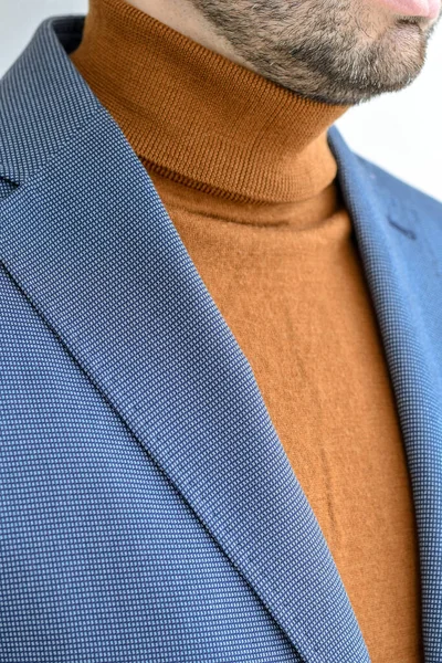 Fragment Light Blue Blazer Combined Fashionable Beige Sweater Selective Focus — Stock Photo, Image