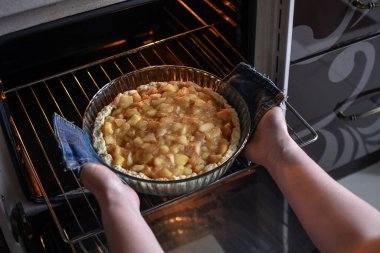 Kadın elleri fırına koymak için elmalı turta koyuyor. Düşük Dof. Seçici odak.