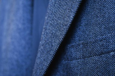 Mavi tüvit ya da cep parçalı yün ceket, yaklaşın. Seçici odak. 