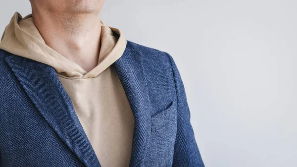 Detail Men Outfit Blue Tweed Blazer Combined Light Beige Hoodie — Stock Photo, Image