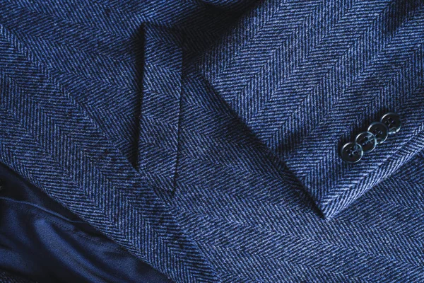 Detail Pánské Ležérní Oblečení Modrý Tvídový Blejzr Zblízka Kapse Úlomkem — Stock fotografie