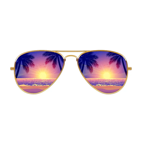 Coole Fliegersonnenbrille Sonnenuntergang Strand Goldrahmen — Stockvektor